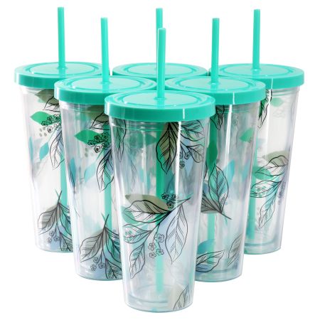Gibson Home Tropical Sway Vineyard 6 Piece 24 Ounce Double Wall Plastic Tumbler Set with Lid &amp; Straw in Teal